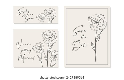 Wedding set. Save the date, guest card. Black and white flowers poppies. Vintage vector illustration.