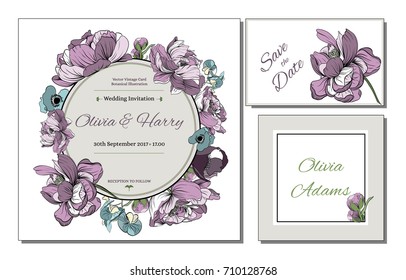 Wedding set. Save the date, guest card. Vintage vector illustration.