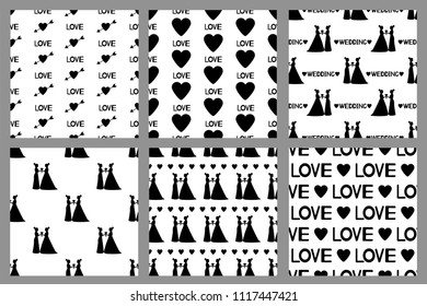 Wedding set. Seamless patterns with silhouettes of the brides and hearts. Same-sex marriage. Vector illustration
