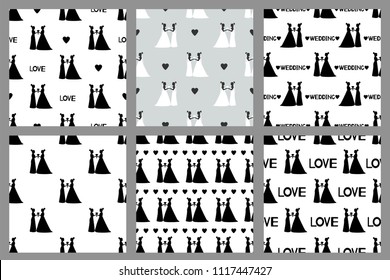 Wedding set. Seamless patterns with silhouettes of the brides. Same-sex marriage. Vector illustration