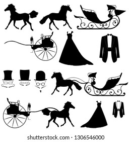 Wedding set of silhouettes of dresses, suits, horses, strollers, hats and sleighs. Vector illustration.