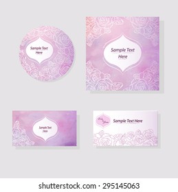 Wedding set template or bisness card flowers and watercolor, invite, disk