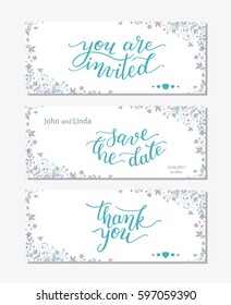 Wedding set template with flowers and hand lettering. You are invited, thank you, save the date.