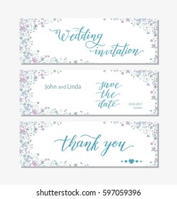 Wedding set template with flowers and hand lettering. Wedding invitation, thank you, save the date.