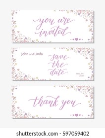 Wedding set template with flowers and hand lettering. You are invited, thank you, save the date.