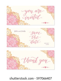 Wedding set template with flowers and hand lettering. You are invited, thank you, save the date.