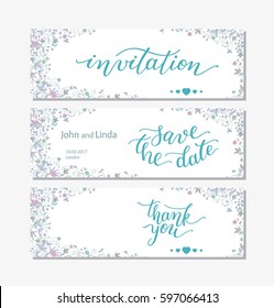 Wedding set template with flowers and hand lettering. Invitation, thank you, save the date.
