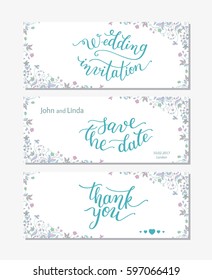 Wedding set template with flowers and hand lettering. Wedding invitation, thank you, save the date.