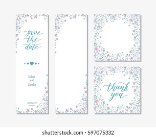 Wedding set template with flowers and hand lettering. Save the date, thank you.