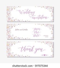 Wedding set template with flowers and hand lettering. Wedding invitation, thank you, save the date.