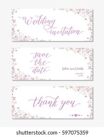 Wedding set template with flowers and hand lettering. Wedding invitation, thank you, save the date.