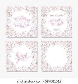 Wedding set template with flowers and hand lettering. Wedding invitation, thank you, save the date.
