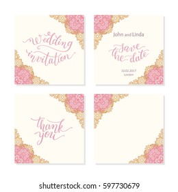 Wedding set template with flowers and hand lettering. Wedding invitation, thank you, save the date.
