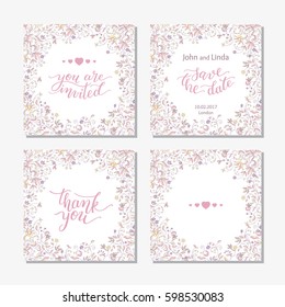 Wedding set template with flowers and hand lettering. You are invited, thank you, save the date.