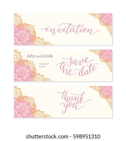 Wedding set template with flowers and hand lettering. Invitation, thank you, save the date.