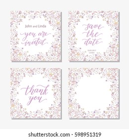 Wedding set template with flowers and hand lettering. You are invited, thank you, save the date.