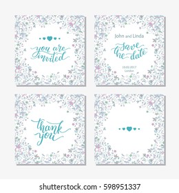 Wedding set template with flowers and hand lettering. You are invited, thank you, save the date.
