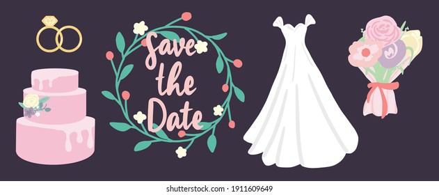Wedding set vector, cake, dress, flowers, bouquet and couple ring