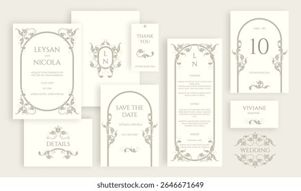 Wedding set. Victorian border and frame pattern. Place cards, wedding invitation, table number, save the date, thank you card, menu, sticker.