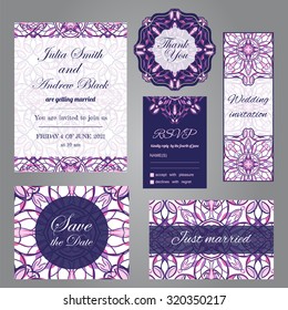 Wedding set in vintage ornamental style. Invitation, save the date, thank you, rsvp, just married cards. Vector templates