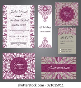 Wedding set in vintage ornamental style. Invitation, save the date, thank you, rsvp, just married cards. Vector templates
