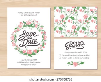 Wedding set with watercolor flowers and hand drawn lettering. Save the date, RSVP card, seamless floral background. Seamless illustrator swatch for background included. Free font used - Afta sans.