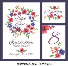 Wedding set with watercolor flowers. Wedding invitation, table number, guest card. Floral backgrounds