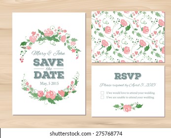 Wedding set with watercolor flowers. Save the date, RSVP card, seamless floral background. Seamless illustrator swatch for background included. Free fonts used - Nexa Rust, Alex Brush, Crimson