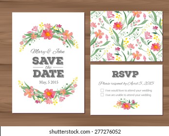 Wedding set with watercolor flowers. Save the date, RSVP card, seamless floral background. Seamless illustrator swatch for background included. Free fonts used - Nexa Rust, Alex Brush, Crimson