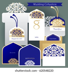 Wedding set. White square envelope with carved openwork pattern and invitation. Template of cover for laser cutting. Cards.