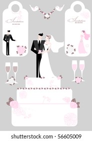 Wedding set(two invitations from bride and from groom, big pie with couple, birds with bouquet, glasses with wine)