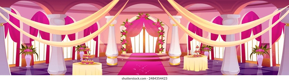 Hochzeit-Setup im luxuriösen rosa mittelalterlichen Schloss barocken Ballsaal Interieur. Cartoon-Vektorgrafik Blumenbogen und Stoffdekoration, Kuchen auf Tischen für die Hochzeitszeremonie und Party im Saal des Königlichen Palastes.