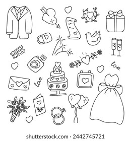 Wedding set.Vector illustration in doodle style.