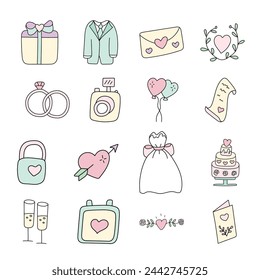 Wedding set.Vector illustration in doodle style.