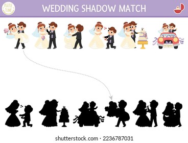 Wedding shadow matching activity with bride and groom. Marriage ceremony puzzle with cute just married couple. Find correct silhouette printable worksheet or game for kids
