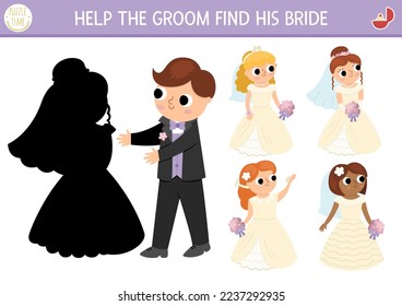 Wedding shadow matching activity with bride and groom. Marriage ceremony puzzle with cute just married couple. Find correct silhouette printable worksheet or game for kids
