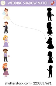 Wedding shadow matching activity with bride, groom and their guests. Marriage ceremony puzzle with cute just married couple. Find correct silhouette printable worksheet or game for kids
