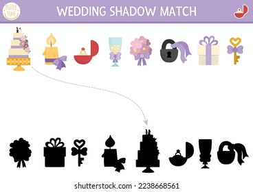 Wedding shadow matching activity with cute bride and groom symbols. Marriage ceremony puzzle with cake, candle, ring, bouquet. Find correct silhouette printable worksheet or game for kids
