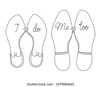 Wedding shoes of the bride and groom with the inscription one line drawing on white isolated background. Vector illustration