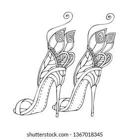 Wedding shoes inspiration. Vector illustration of romantic sandals with butterfly wings. Sketch for anti-stress coloring page.