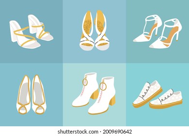 Wedding shoes modern collection. Vector design illustration of female shoes foe engagement, date, wedding, ceremony, etc. 