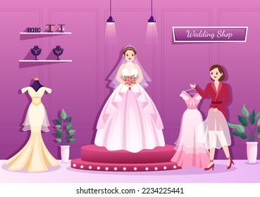 Tienda de bodas con joyería, hermosos vestidos de novia y accesorios adecuados para afiches en dibujos a mano de dibujos planos Ilustración de plantillas