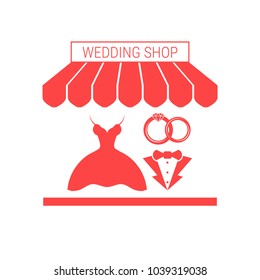 Wedding Shop Single Flat Vector Icon. Striped Awning and Signboard. A Series of Shop Icons.
