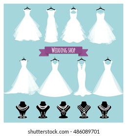 Wedding shop. Vector illustration, eps 10. Wedding dress and jewelry.