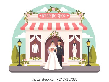 Wedding Shop Vector Illustration with Lover Looking for Jewellery, Beautiful Bride Gowns and Accessories to Get Married in Flat Cartoon Background