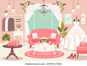 Tienda de Boda Ilustración vectorial con el amante que busca joyas, bellos vestidos de novia y accesorios para casarse en fondo plano de la historieta