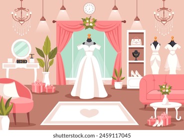 Tienda de Boda Ilustración vectorial con el amante que busca joyas, bellos vestidos de novia y accesorios para casarse en fondo plano de la historieta