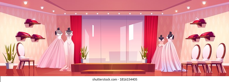 Wedding shore with luxury bride dresses and accessories. Vector cartoon interior of bridal boutique with mannequins with female gowns, big mirror, chairs and flowers