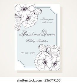 Wedding shower with outline poppies. Floral invitation template