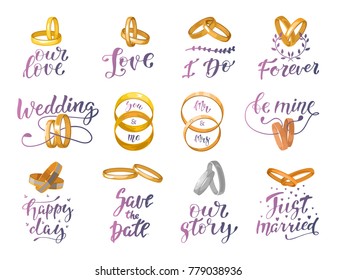 Wedding sign and rings vector quote text or wed lettering with weddingrings and textual calligraphy for marriage invitation or card for bridal celebration citate isolated on white illustration